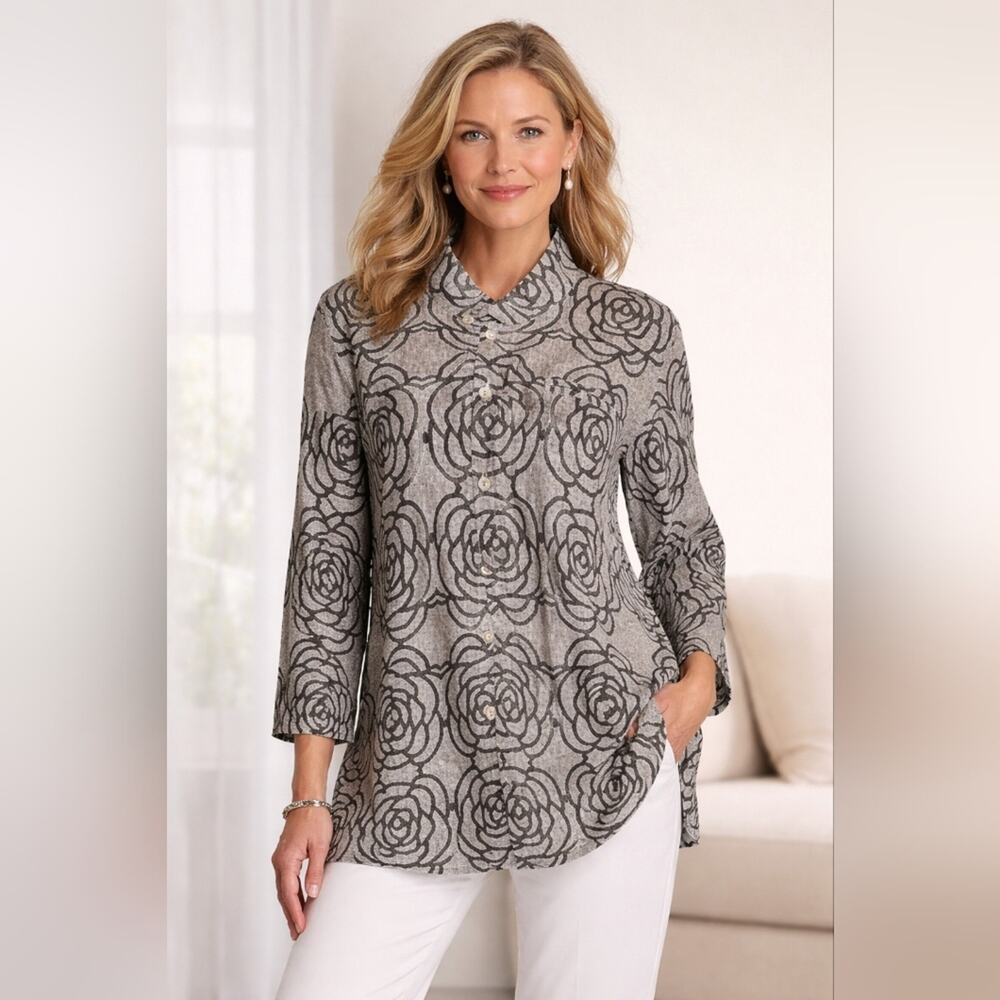 Flax 100% Linen Gray & Black Floral Women's Button Up Shirt Sz.M #1942